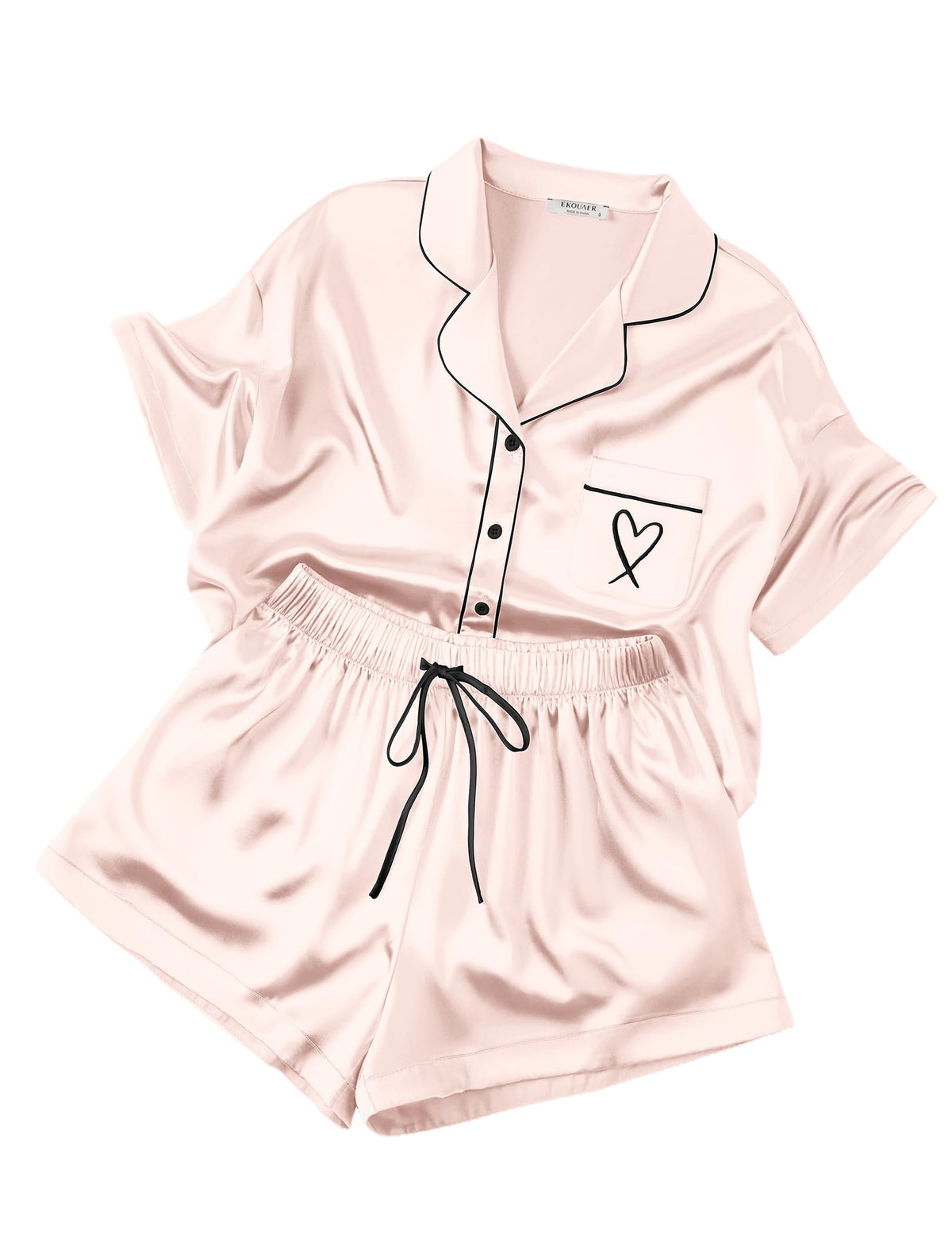 Ekouaer Womens Silk Satin Pajama Set, 2 Piece Heart Embroidery Short Sleeve Button Down Pjs Set for Bridal Party
