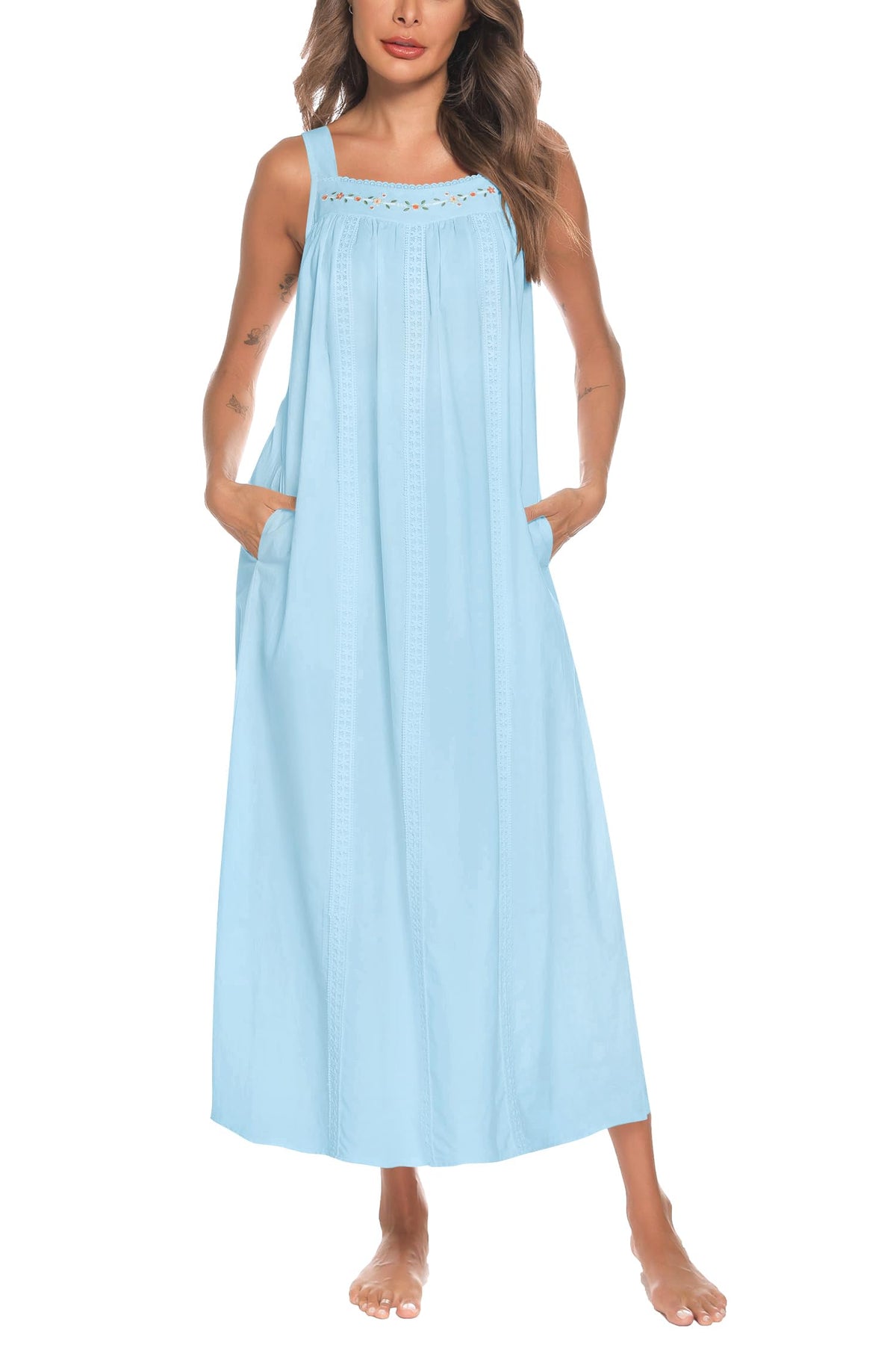 YOZLY Cotton Nightgowns for Women Embroidery Sleeveless Night Gown with Pockets S-XXXL