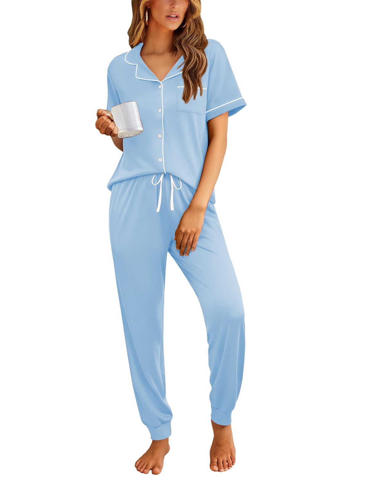Ekouaer Women Pajama Set Short Sleeve Button Down Pjs with Jogger Pants