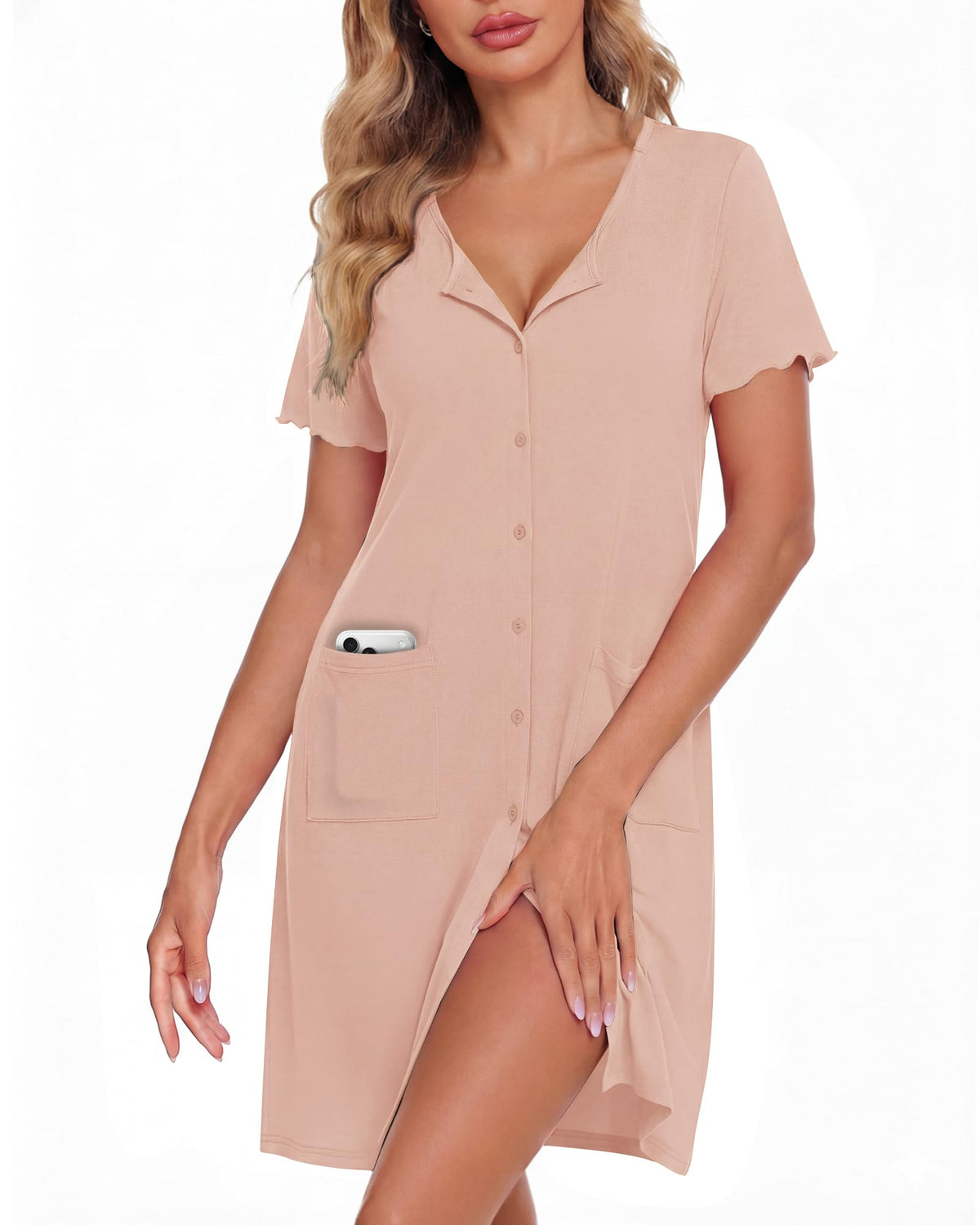 ZOOSIXX Nightgowns for Women - Short Sleeve Sleepwear Button Up Pajamas for Women V-Neck Sleepwear Dress with Pockets