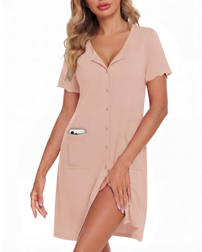 ZOOSIXX Nightgowns for Women - Short Sleeve Sleepwear Button Up Pajamas for Women V-Neck Sleepwear Dress with Pockets