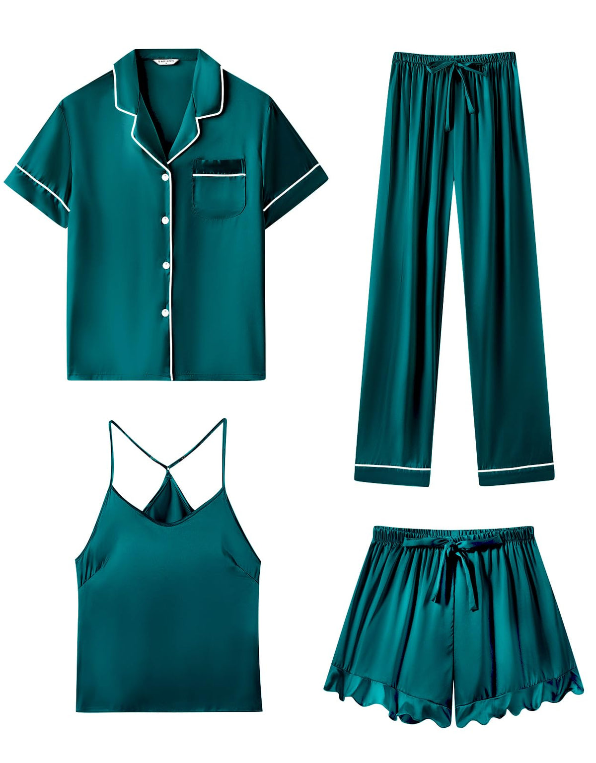 SAPJON Silk Satin 4 Piece Pajamas for Women Set, Camisole Lounge Ruffle Pjs