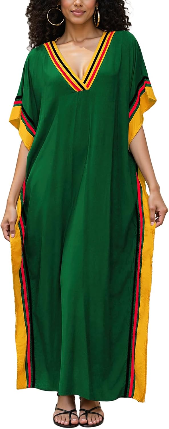 NFVNKJ Plus Size Mumu Dresses for Women - Boho Batwing Sleeve Caftan with Side Slits, Long Moo Moo Nightgown & Beach Cover Up
