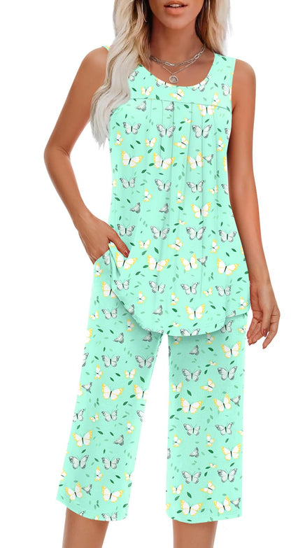 Findsweet Women Pajamas Sets Loungewear Soft Sleepwear Two Piece Summer Sleeveless Pjs Tank Top Pants with Pocket S-4XL