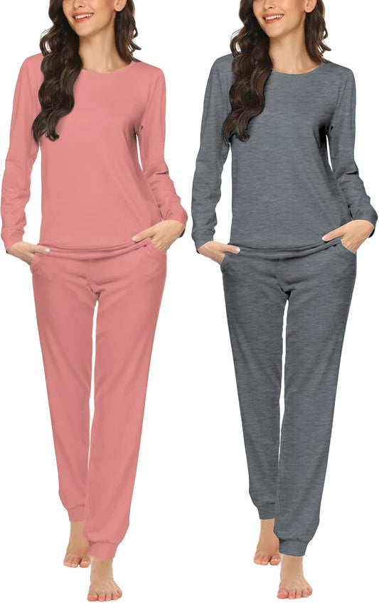 Ekouaer 2 Pack Pajama Sets for Women,Long Sleeve Top Jogger Pant Loungewear