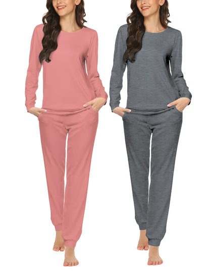 Ekouaer 2 Pack Pajama Sets for Women,Long Sleeve Top Jogger Pant Loungewear