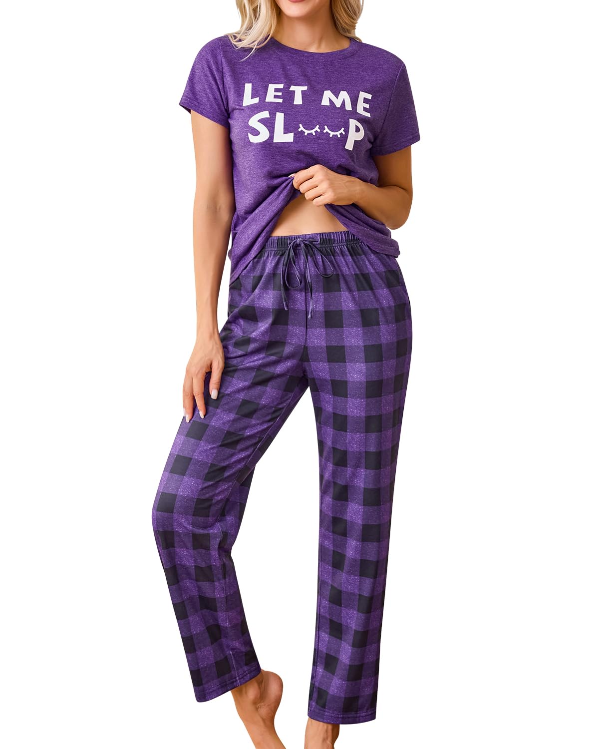 difficort Womens Pajama Sets Short Sleeve Long Pants Sleepwear with Pockets