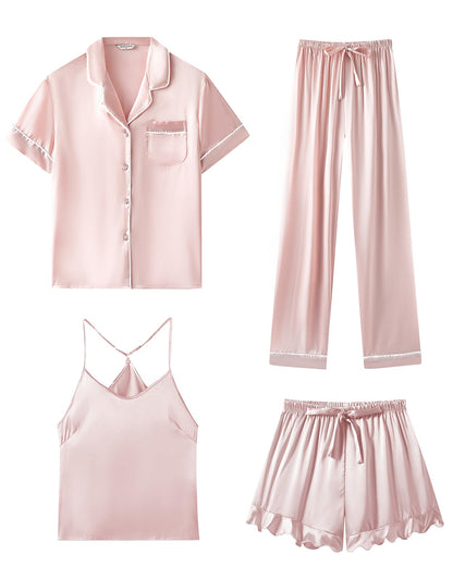 SAPJON Silk Satin 4 Piece Pajamas for Women Set, Camisole Lounge Ruffle Pjs