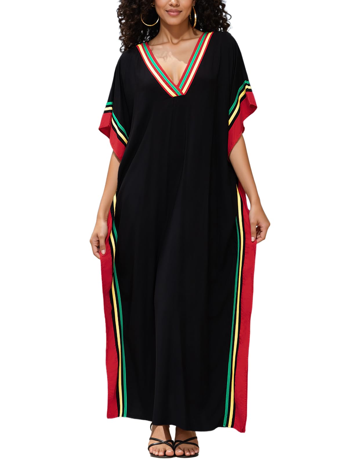 NFVNKJ Plus Size Mumu Dresses for Women - Boho Batwing Sleeve Caftan with Side Slits, Long Moo Moo Nightgown & Beach Cover Up