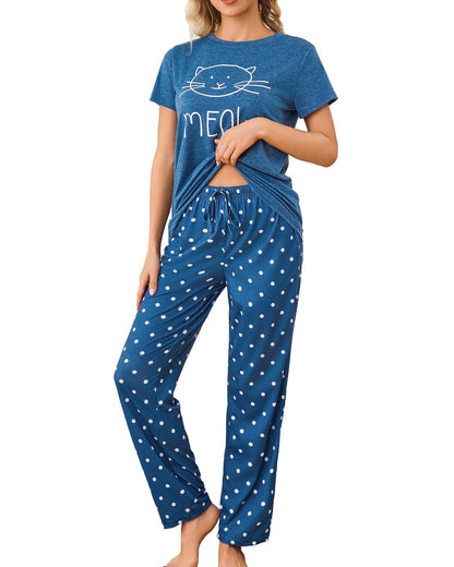 difficort Womens Pajama Sets Short Sleeve Long Pants Sleepwear with Pockets