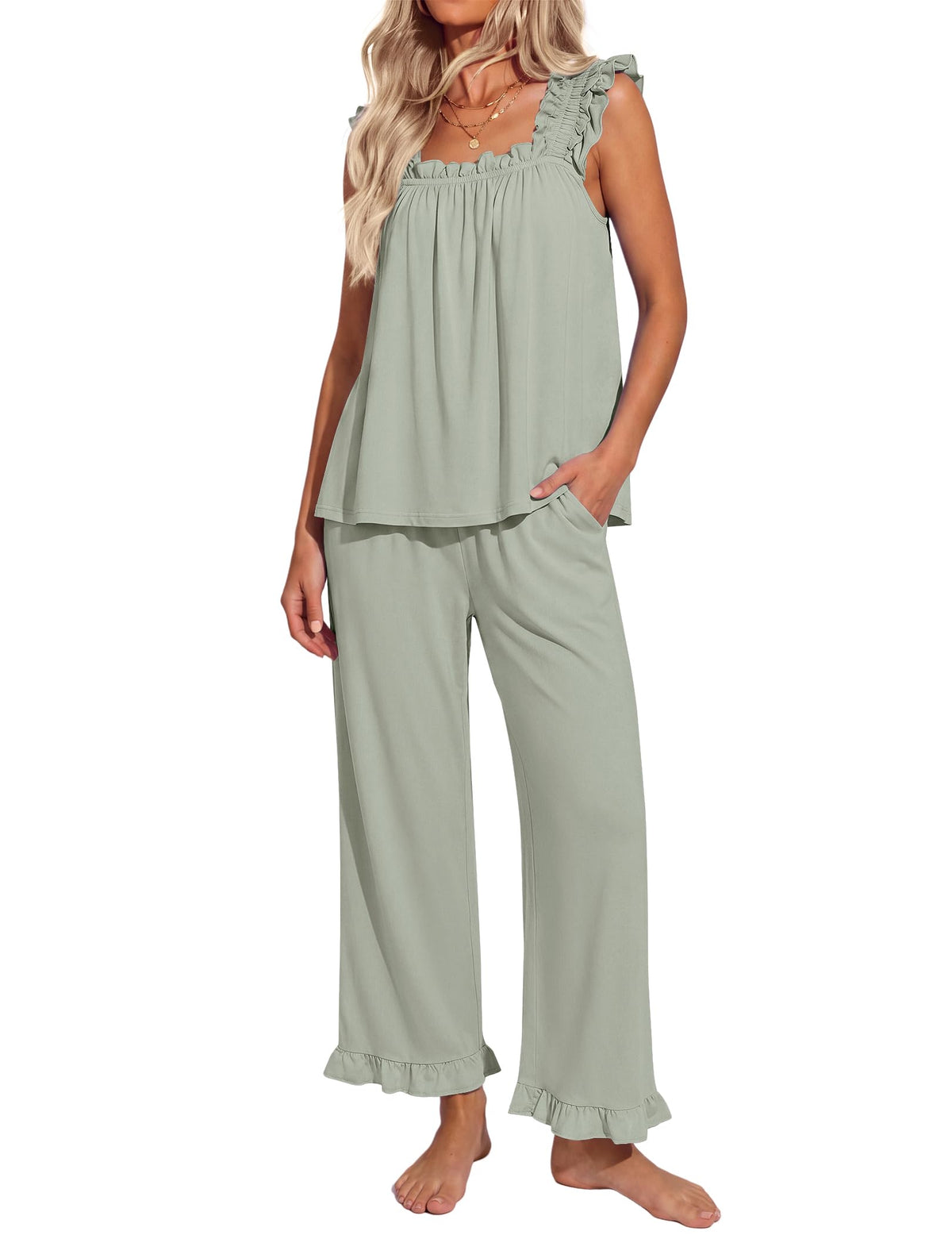 Ekouaer Pajamas for Women Set 2 Piece Ruffle Sleeveless Pj Bridal Sleepwear
