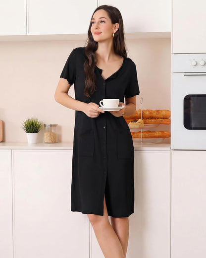 ZOOSIXX Nightgowns for Women - Short Sleeve Sleepwear Button Up Pajamas for Women V-Neck Sleepwear Dress with Pockets