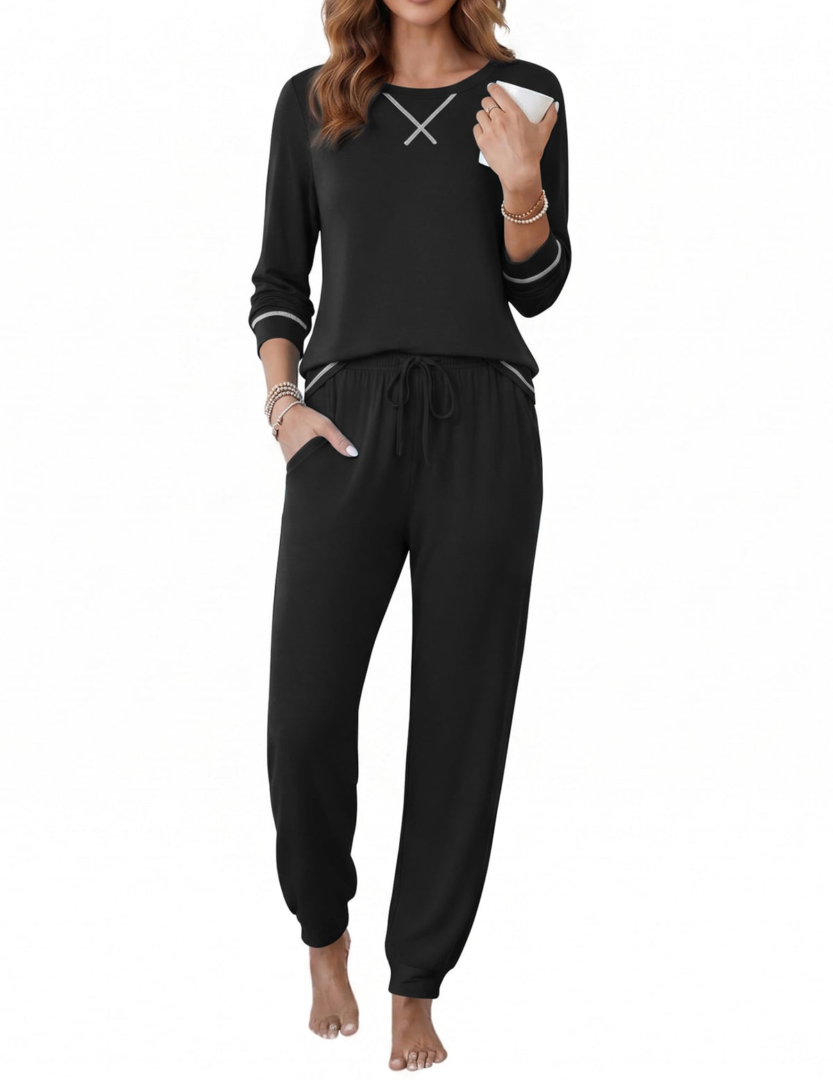 Ekouaer Pajamas for Women Set Long Sleeve Top and Jogger Pants Lounge Sets