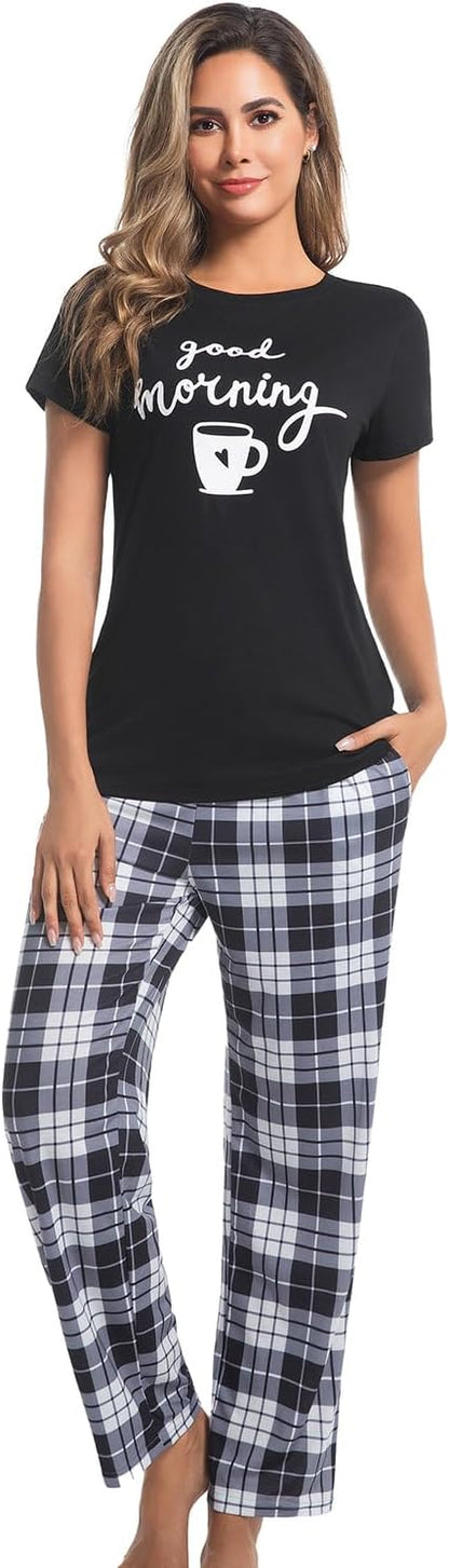 difficort Womens Pajama Sets Short Sleeve Long Pants Sleepwear with Pockets