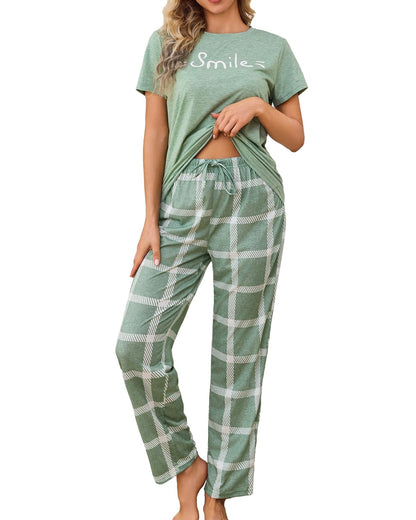 difficort Womens Pajama Sets Short Sleeve Long Pants Sleepwear with Pockets