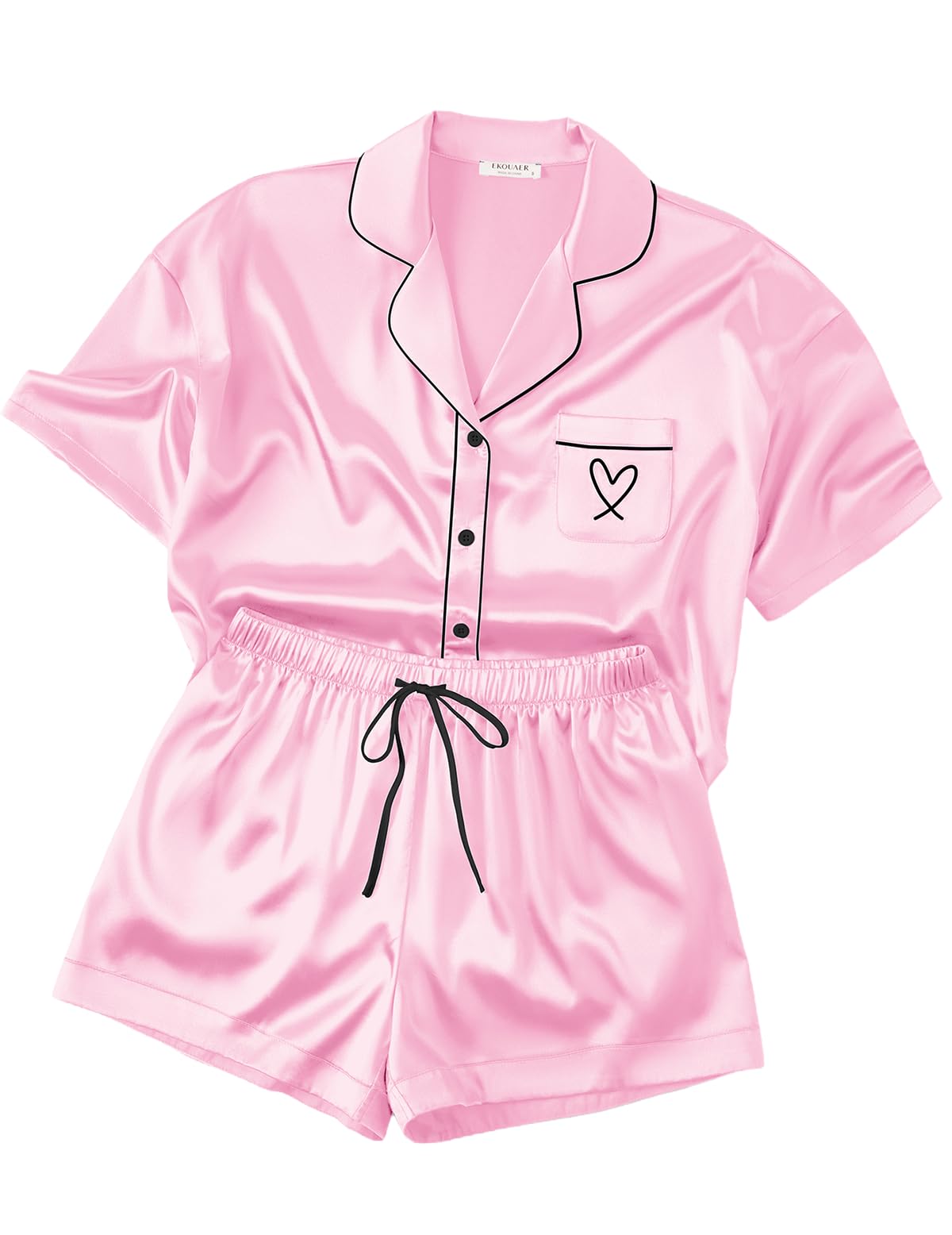 Ekouaer Womens Silk Satin Pajama Set, 2 Piece Heart Embroidery Short Sleeve Button Down Pjs Set for Bridal Party
