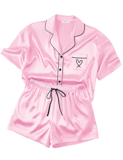 Ekouaer Womens Silk Satin Pajama Set, 2 Piece Heart Embroidery Short Sleeve Button Down Pjs Set for Bridal Party