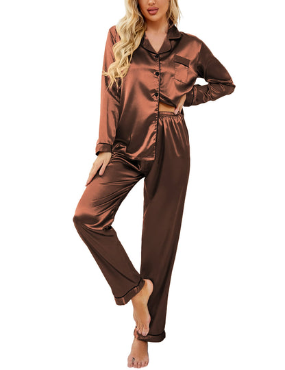 Ekouaer Women's Classic Button Down Long Satin Silk Pajama Set