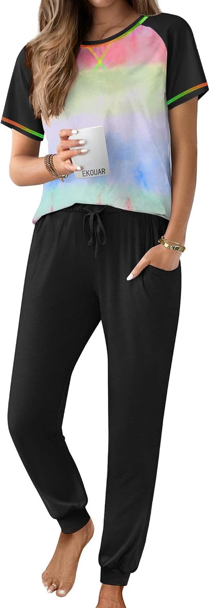 Ekouaer Pajamas for Women Set Short Sleeve PJ Set 2 Piece Jogger Pants