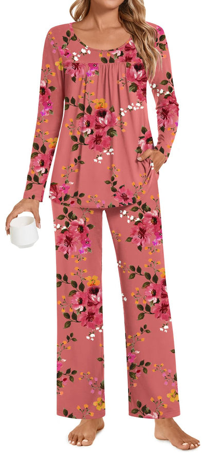 POPYOUNG Womens Pajama Set 2 Pieces Fall Pjs Comfy Sleepwear with Pockets