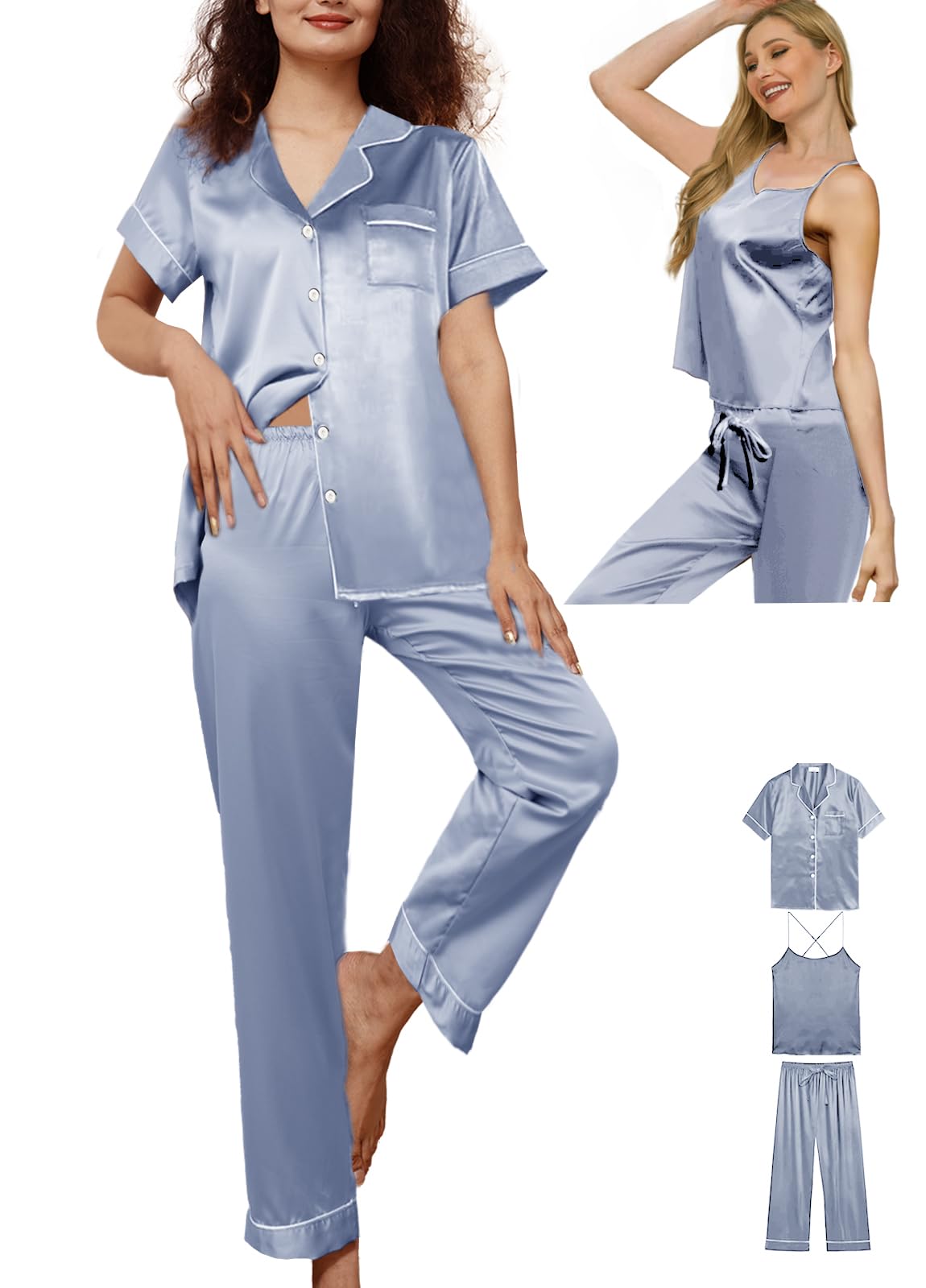 3Pcs Womens Satin Pajamas Set Silk Pj Sets Sexy Camisole Tops And Pants Silky Pajama XS-4XL Pjs Sleepwear