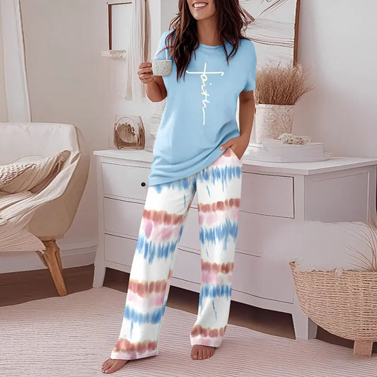 CHICME Women's 2 Piece Sets Round Neck Short Sleeve Top & Ombre Print Loose Pants Matching Pajamas Sets