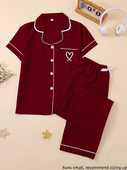 Women's Casual Fitted Sleepwear Set, Soft Fabric Heart Embroidery Pajama Set, Short Sleeves Plain Everyday Home Wear, Loungewear & Nightwear Set, All-Season Pjs, Homewear, Comfy Pajamas