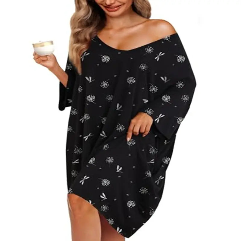 KFUBUO Plus Size Nightgown for Women V-Neck Sleep  Dress Pjs Lounge Short Sleeves Sleepwear With Pocket Fit S-5XL Pajamas Elastic Loungewear Breathable Fabric