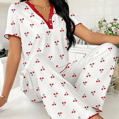 FEITAI Women's Soft 2-Piece Floral Cherry Print Pajama Set - Elastic Ribbed Knit Short Sleeve Button-Front Henley Top with Lace, Comfortable Fabric Stretchy Pants, Feminine Sleepwear Loungewear, Sohochic (PJ Sets for Women)