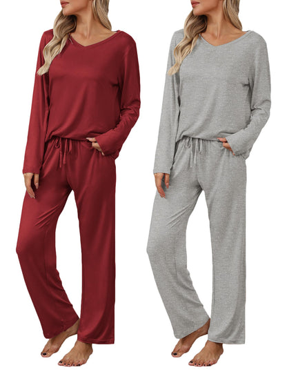 Ekouaer Women's 2 Pack Long Sleeve Pajama Sets V Neck Lounge Sets