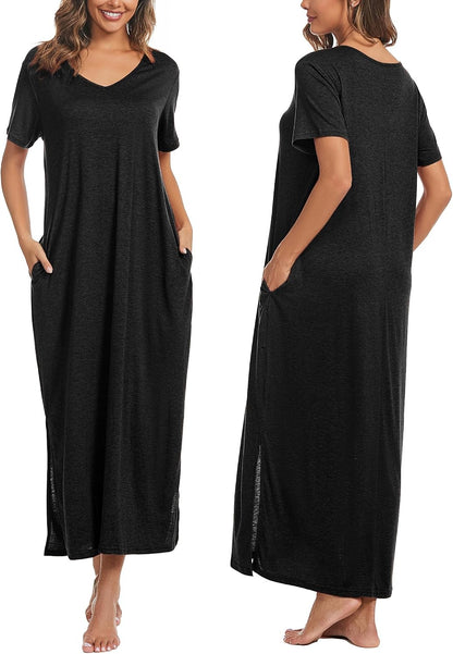 Marvmys Women Short Sleeve Nightgown Cotton Long Nightshirts with Pocket