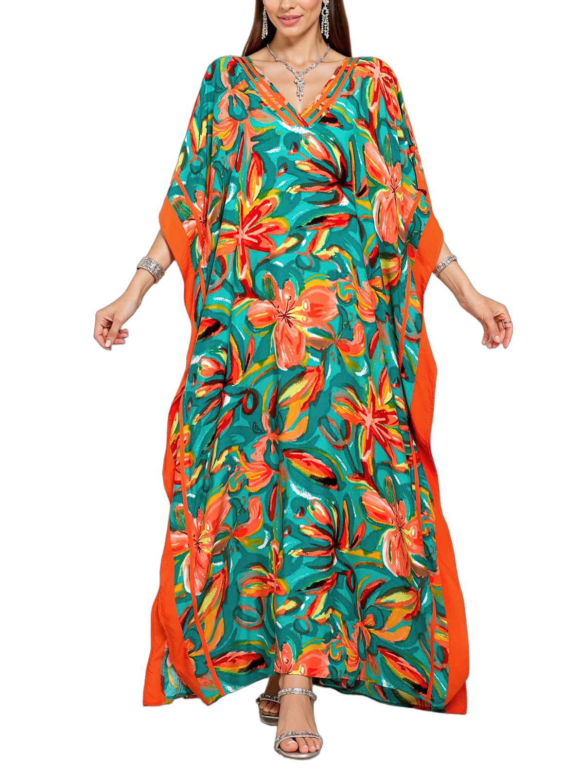 NFVNKJ Plus Size Mumu Dresses for Women - Boho Batwing Sleeve Caftan with Side Slits, Long Moo Moo Nightgown & Beach Cover Up