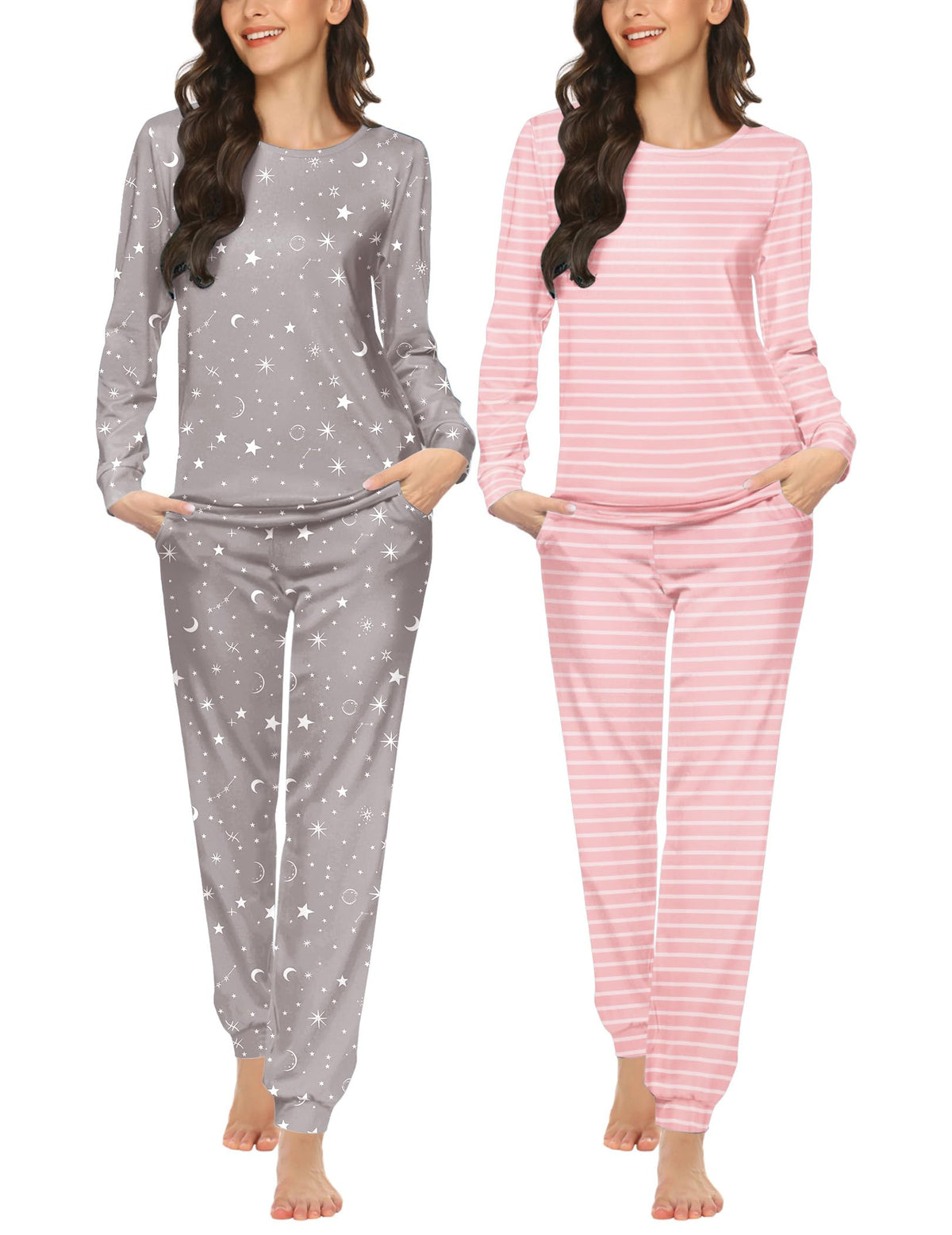 Ekouaer 2 Pack Pajama Sets for Women,Long Sleeve Top Jogger Pant Loungewear
