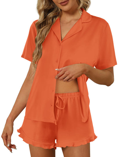Ekouaer Pajamas Set for Women Short Sleeve Sleepwear Button Down Ruffle Pjs