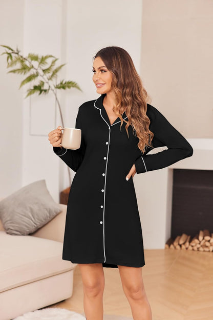 Ekouaer Womens Nightgown Long Sleeve Nightshirt Soft Button Down Sleepshirt