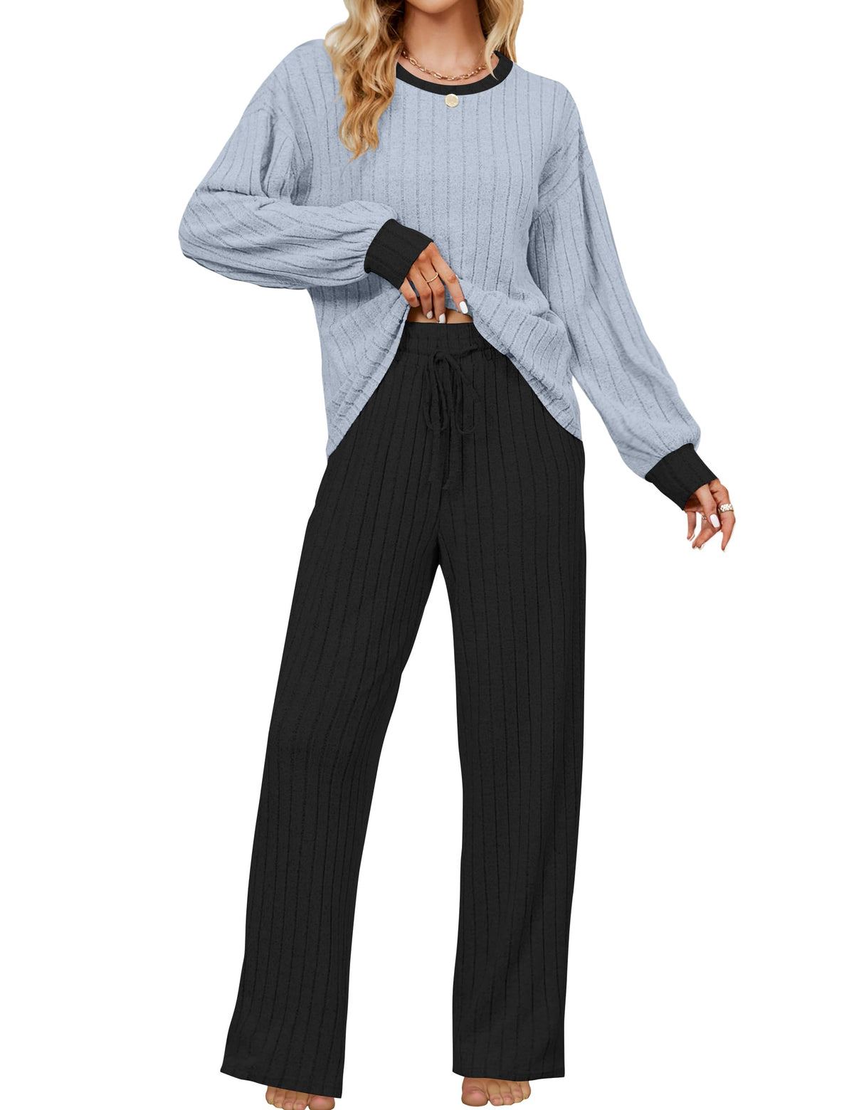 Blooming Jelly Women Ribbed Long Sleeve Pajama Sets Fall Loungewear Pockets