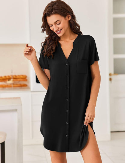 Ekouaer Nightgowns for Women Button Down Night Gown Short Sleeve Nightshirt