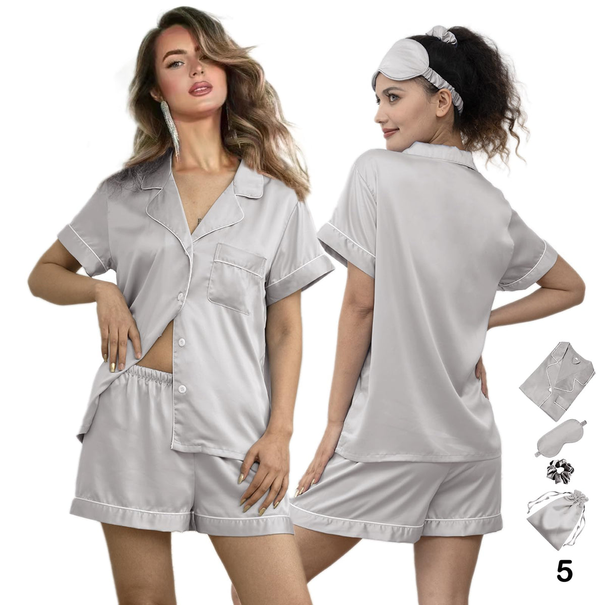 WJing Yi Jia 5Pcs Womens Soft Satin Pajama Set XS-4XL Button-Down Silk Pajamas Floral Sleepwear Bridal Pjs Lounge Pj Sets