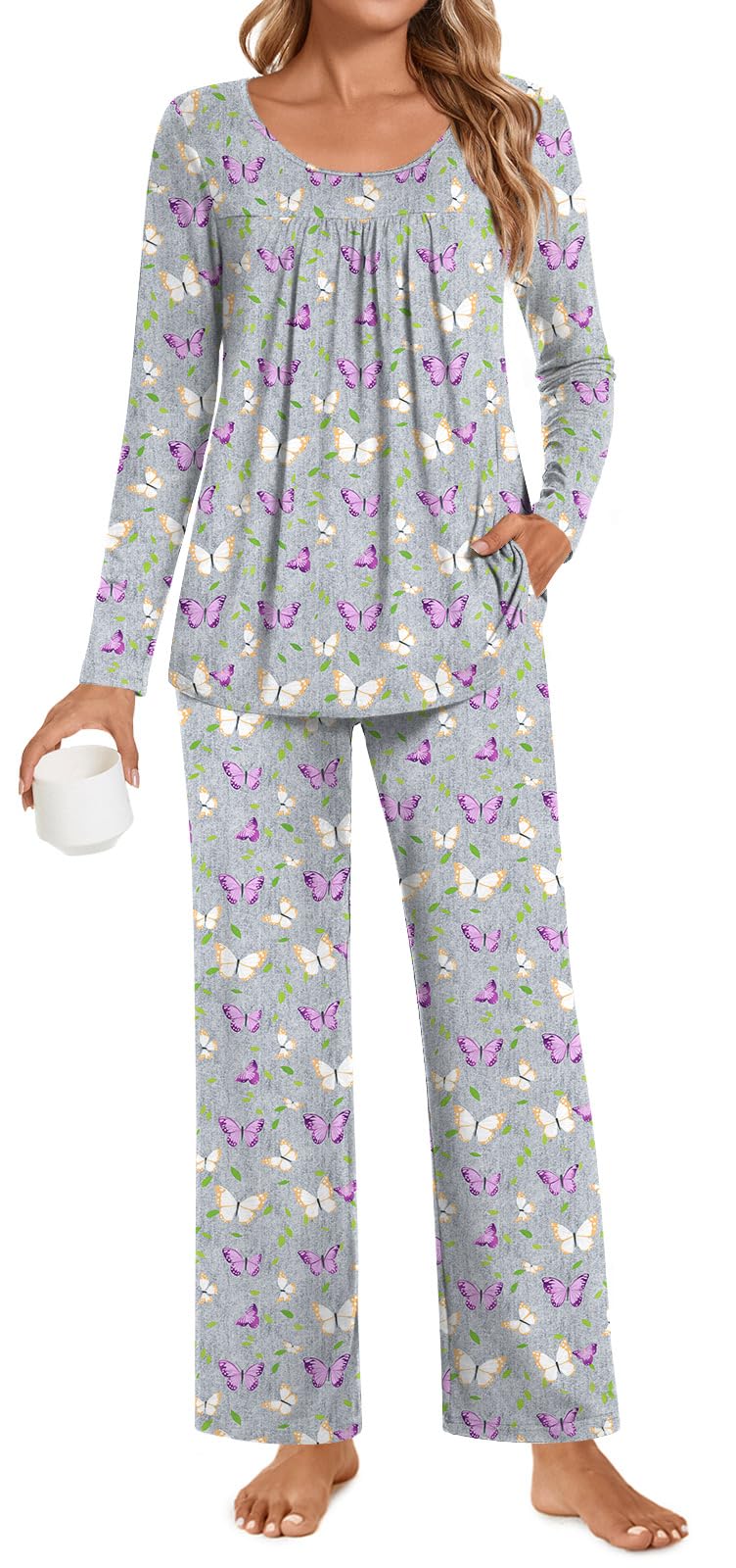 POPYOUNG Womens Pajama Set 2 Pieces Fall Pjs Comfy Sleepwear with Pockets