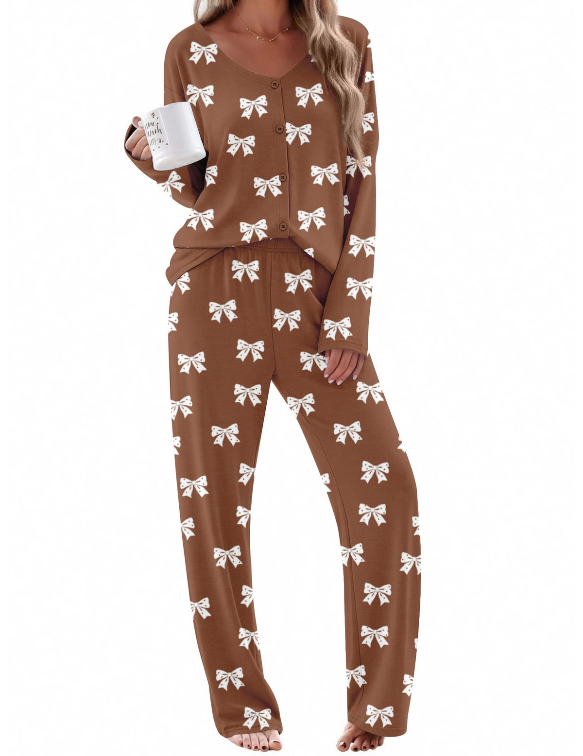 Ekouaer Womens Pajama Sets Button Up Long Sleeve Lounge Set Soft V Neck Pj