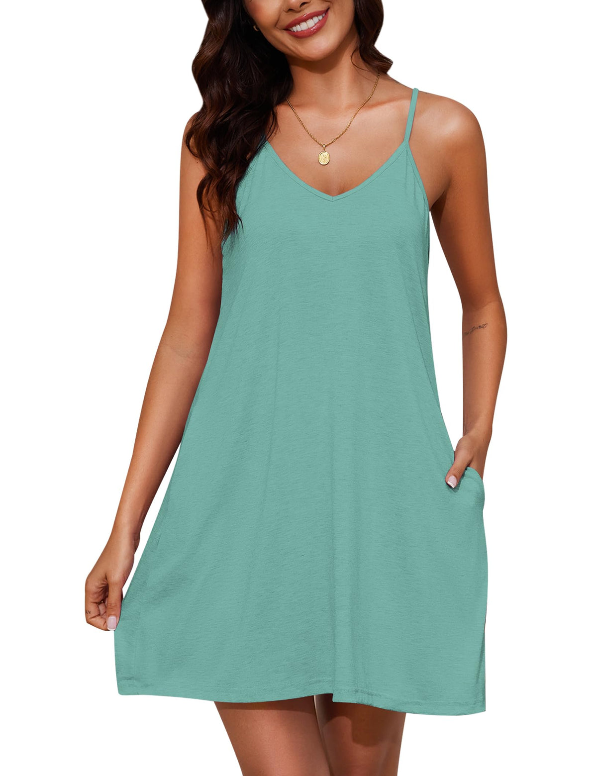 Marvmys Womens Cotton Sleeveless Nightgown Spaghetti Strap V Neck Full Slip Sleep Dress with Pockets