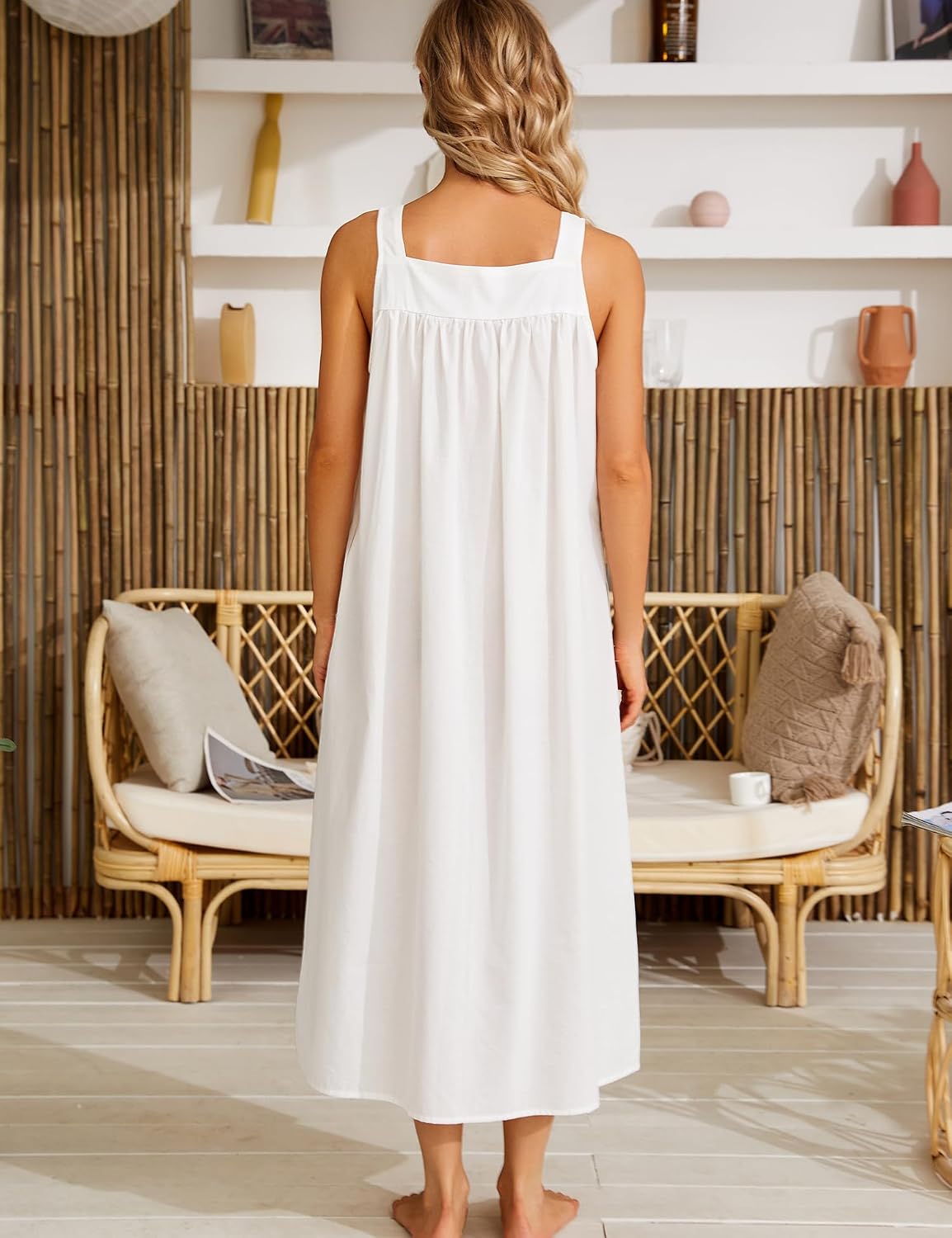 YOZLY Cotton Nightgowns for Women Embroidery Sleeveless Night Gown with Pockets S-XXXL