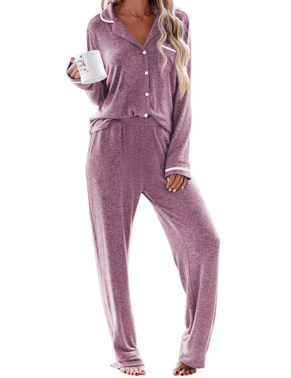 Ekouaer Womens Pajama Sets Long Sleeve Button Down 2 Piece Lounge Set