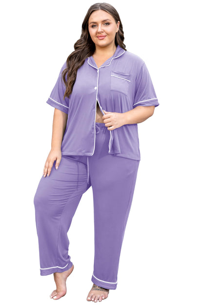 Vozanet Women's Plus Size Pajamas Button Down Shirt and Pants Soft Lounge Sets Bride Nighty Bottom with Pockets 1x to 5x