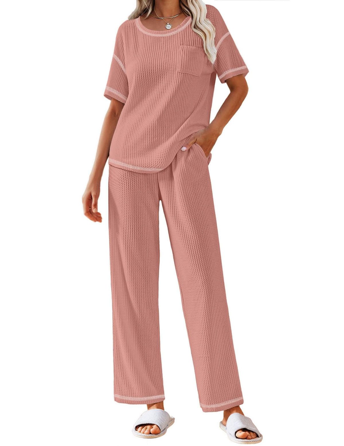 Ekouaer 2 Piece Summer Waffle Knit Lounge Sets For Women Short Sleeve Top and Long Pant Pajama Set Loungewear Pjs Set
