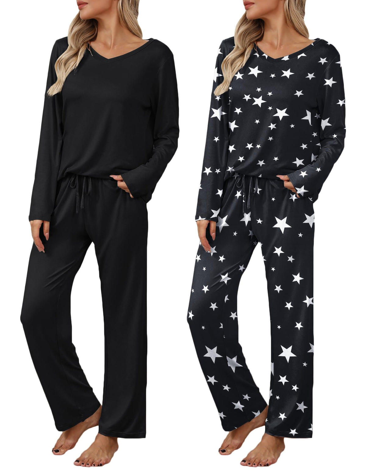 Ekouaer Women's 2 Pack Long Sleeve Pajama Sets V Neck Lounge Sets