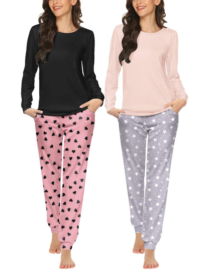 Ekouaer 2 Pack Pajama Sets for Women,Long Sleeve Top Jogger Pant Loungewear