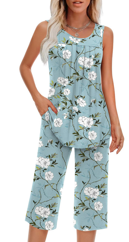Findsweet Women Pajamas Sets Loungewear Soft Sleepwear Two Piece Summer Sleeveless Pjs Tank Top Pants with Pocket S-4XL