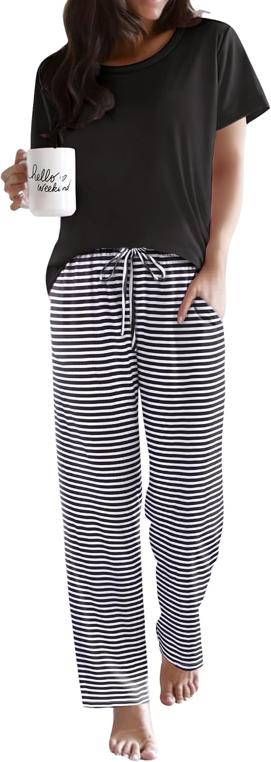 Ekouaer Womens Pajamas Sets Round Neck Pjs Loose Lounge Sets Sleepwear