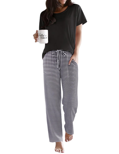 Ekouaer Womens Pajamas Sets Round Neck Pjs Loose Lounge Sets Sleepwear